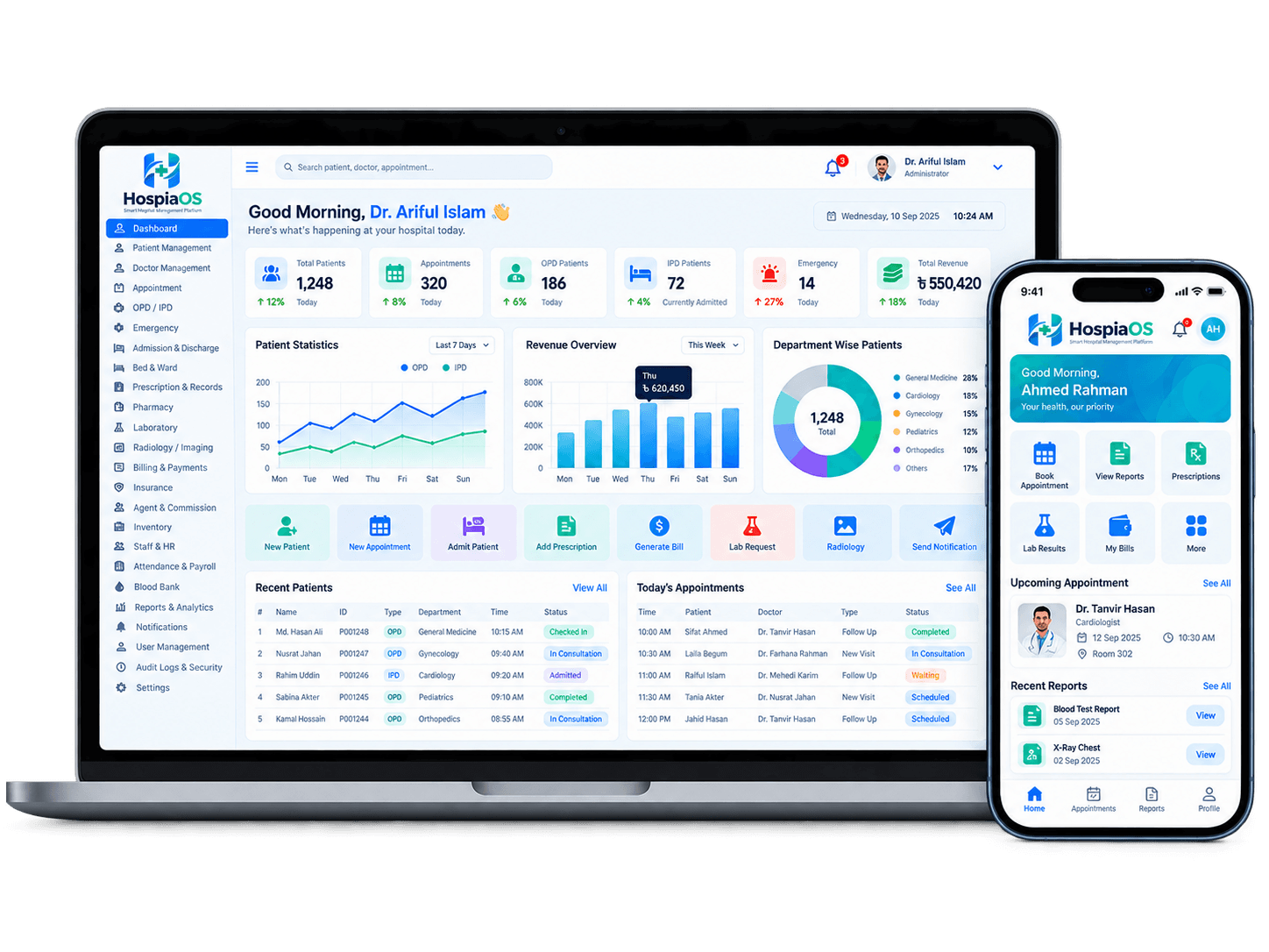 HospiaOS hospital management web and mobile application